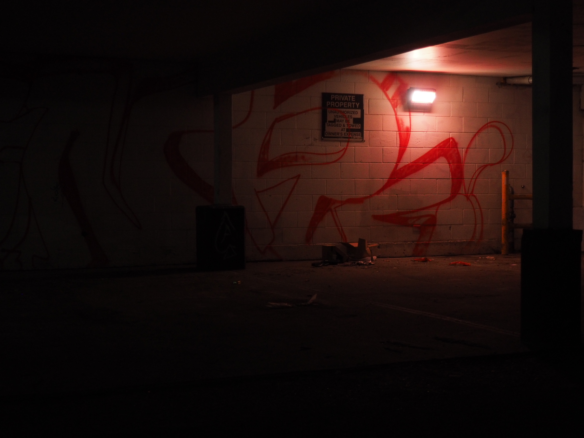 red security light above graffiti on a dark wall in edmonton, alberta