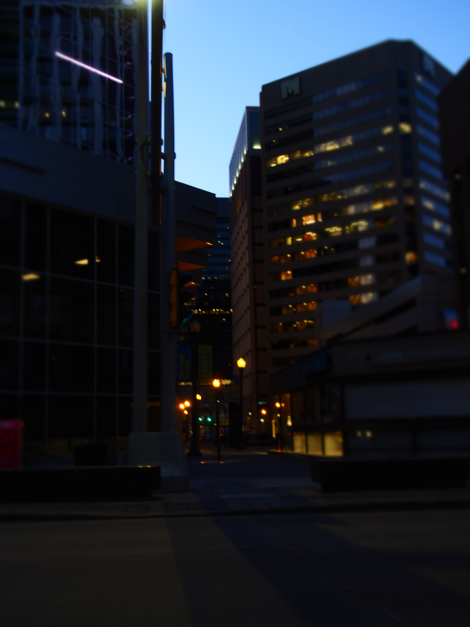 vertical downtown view with illuminated towers and dark facades in edmonton at dusk