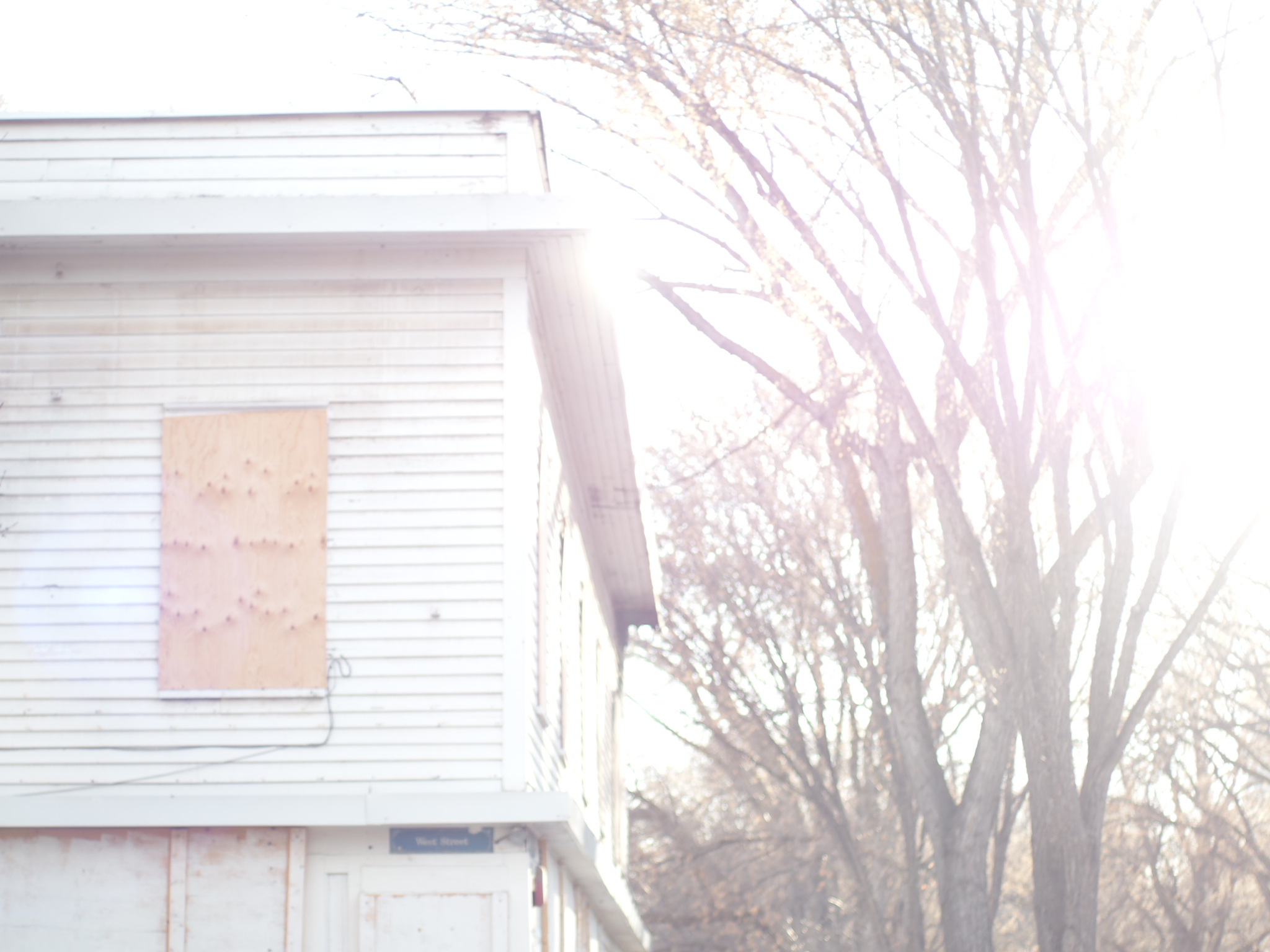 sunlit building exterior and bare branches washed in bright backlight near edmonton
