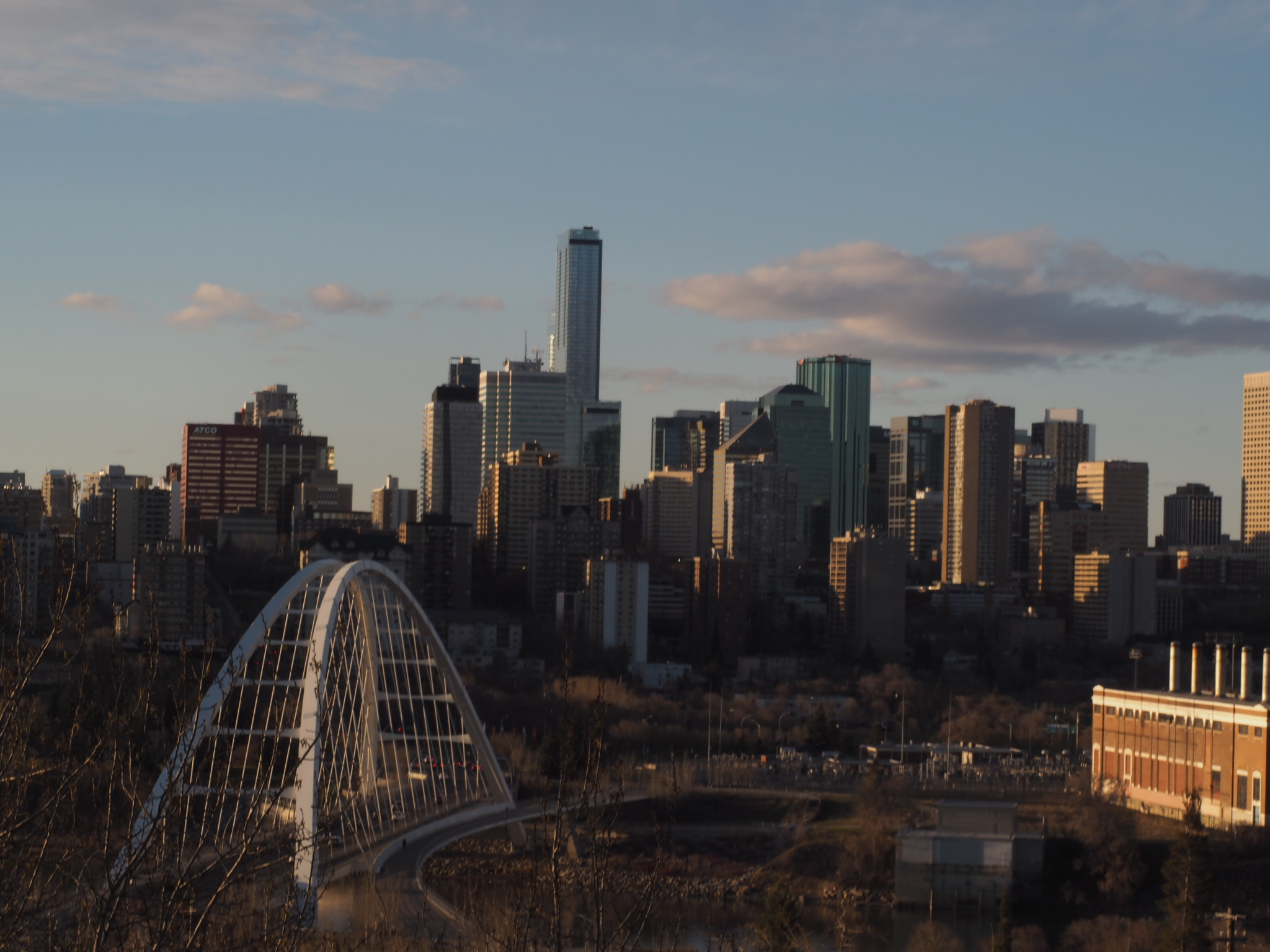 walterdale bridge and downtown edmonton skyline viewed from above at dusk