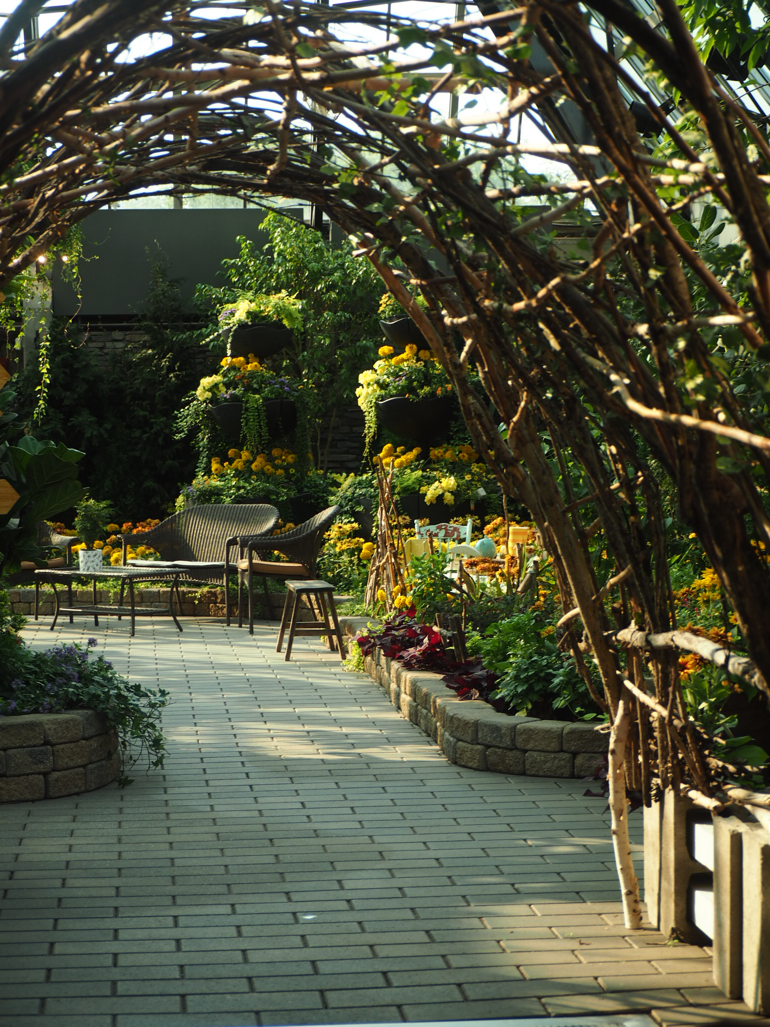 paved garden walkway beneath a wooden arch covered in greenery near edmonton