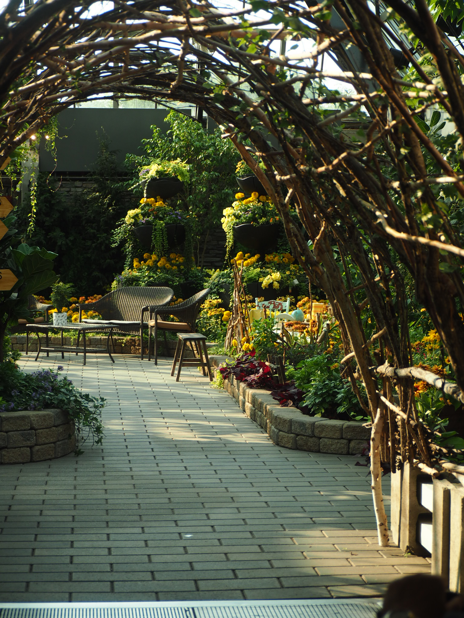 garden path framed by an arched canopy of branches and leaves near edmonton
